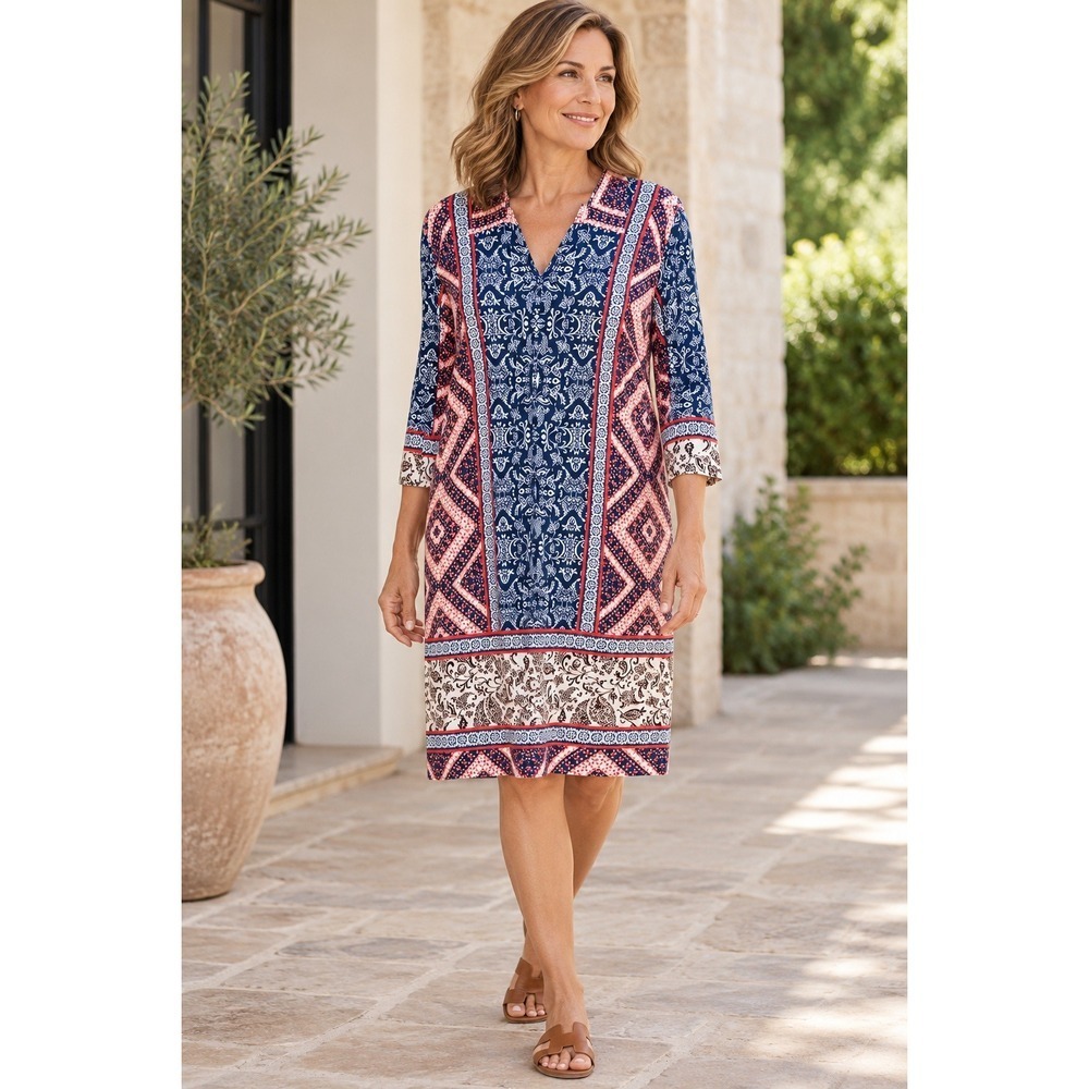 Chico's Mixed Print Dress Womens 3 XL Navy Coral Paisley Tunic Stretch